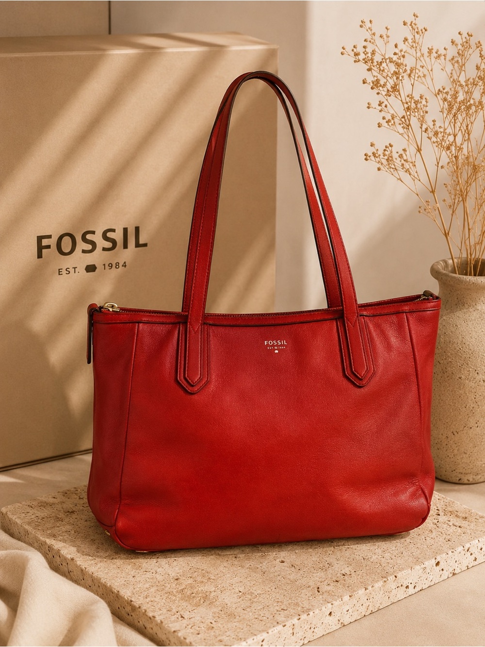 Fossil Sydney Red Leather Tote bag Work Travel Shopper